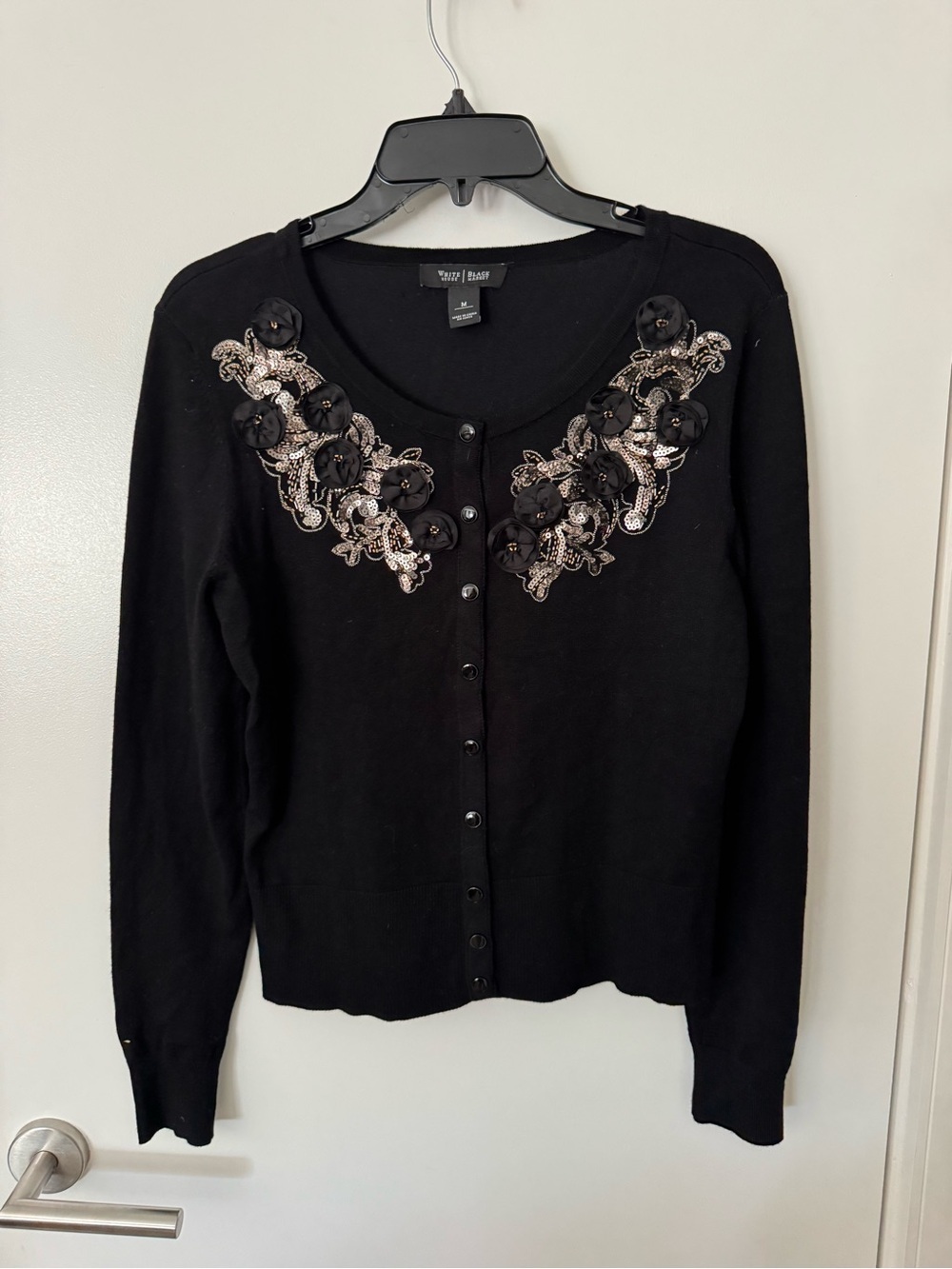 White House Black Market Black Embellished Cardigan with Floral Appliqué